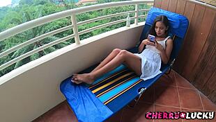 Sexy girl with perfect legs caught my eye outdoors. Her cute smile was irresistible.