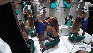 Real casual blowjob by petite amateur sasha bikeyeva in changing room cumshot