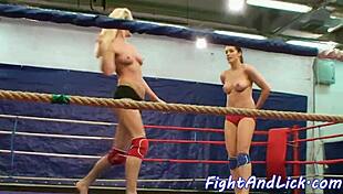 In a boxing ring amateur girl wrestles and gives oral pleasure