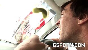 Fucking hard the car washing slut with hard dick