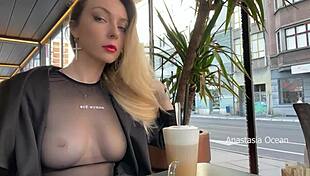 flashing tits in cafe with glass walls so people outside see transparent t-shirt no bra