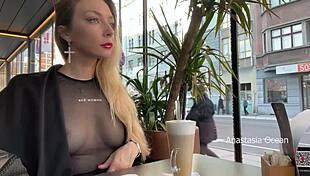 flashing tits in cafe with glass walls so people outside see transparent t-shirt no bra