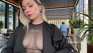 flashing tits in cafe with glass walls so people outside see transparent t-shirt no bra