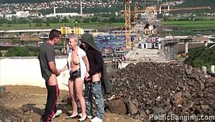 young blonde cutie has public sex threesome with two guys and big dicks