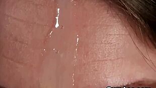 The peculiar centerfold receives a sperm load on her face while sucking all the ejaculate