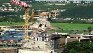 young blonde cutie has public sex threesome with two guys and big dicks