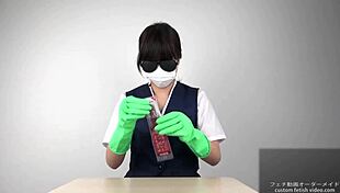 Asian handjob with latex gloves