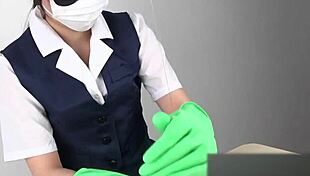 Asian handjob with latex gloves