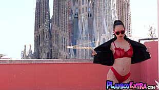 big boobed asian kit rysha stripped naked to eat juicy melon outdoors