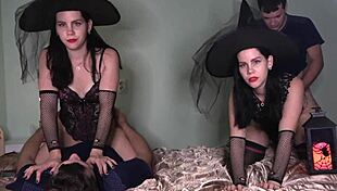 Halloween Orgy with Two Witches Fucking and Cumming Hard in Doggystyle