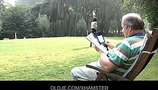 Dad cums in the garden with his daughter, so aroused