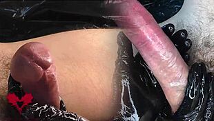 The Mistress in Latex Gloves Massages the Sperm Out of the Cock