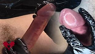 The Mistress in Latex Gloves Massages the Sperm Out of the Cock