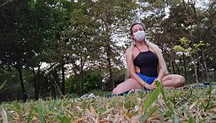 brazilian latina gets excited while doing yoga poses.