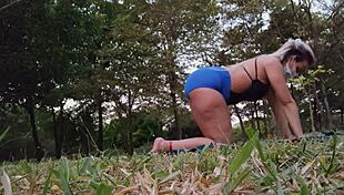 brazilian latina gets excited while doing yoga poses.