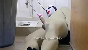 Zentai Slave Bound In Toilet Bondage, Femdom Controls Penis