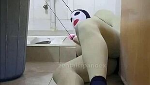 Zentai Slave Bound In Toilet Bondage, Femdom Controls Penis