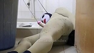 Zentai Slave Bound In Toilet Bondage, Femdom Controls Penis