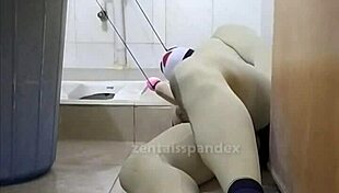 Zentai Slave Bound In Toilet Bondage, Femdom Controls Penis