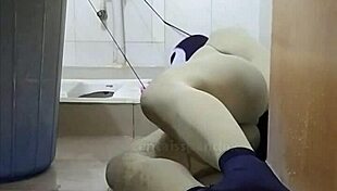 Zentai Slave Bound In Toilet Bondage, Femdom Controls Penis