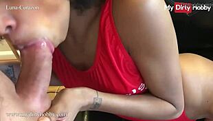 luna-corazon sucks lucky dude then footjobs and eats cum