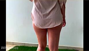 wet wife in pink office shirt braless gets wild