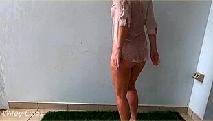 wet wife in pink office shirt braless gets wild