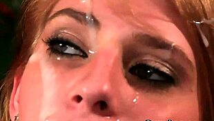 Sexy hottie feels overwhelmed with pleasure as cum loads cover her face in intense blowbang.