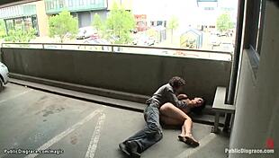 Slut trapped in stock gets public fucked.
