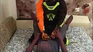 Spiderman and biker getting it on in spandex