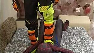 Spiderman and biker getting it on in spandex