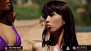 Alina Li and Stepsisters Share Wet Pool Massage with Intense Fingering