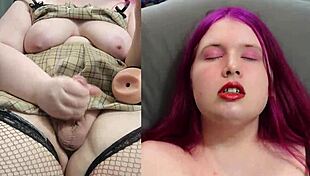 POV'da şişman kızıl saçlı tranny büyük sikini sıvazlıyor, dağınık döl püskürtmesi için