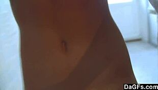 Superb teen plays with shaved body in mirror