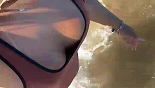 Voyeur waits in vip to see big tits naked with tan mark cameltoe