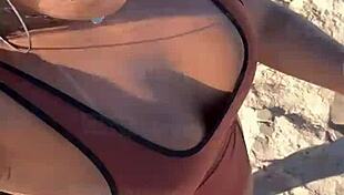 Voyeur waits in vip to see big tits naked with tan mark cameltoe