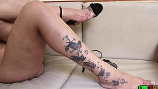 Smoking Hot Trans Babe In Heels Jerks Off Cock With Visible Tattoos