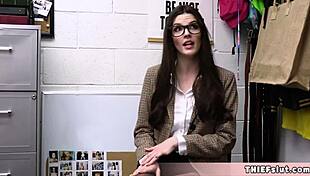 geeky brunette caught shoplifting, cop introduces her to big cock 😏