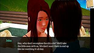 in my new family episode 94, the redhead with big tits plays a game at home