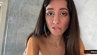 wet brunette has sex in the shower