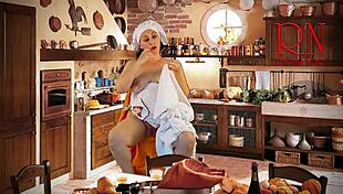 Cinderella, nude and adorable, sews dresses while forbidden to masturbate in kinky retro roleplay.