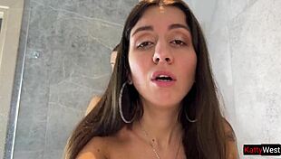 wet brunette has sex in the shower