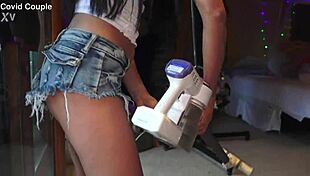 Sexy house cleaner shows off her curves in shorts