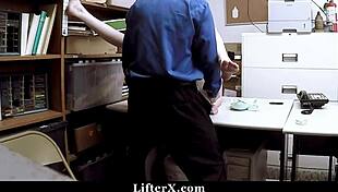 Teen burglar caught in garage shop domination, bent over with clothes ripped during striptease