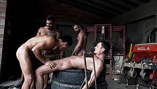 Enticing group of hot gay men in bareback orgy
