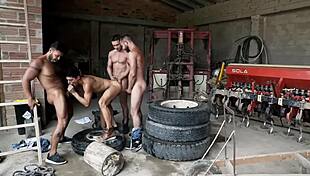 Enticing group of hot gay men in bareback orgy