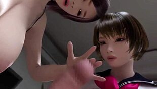 Wilde Dreier mit zwei süßen Nachbarinnen in Hentai 3D 45