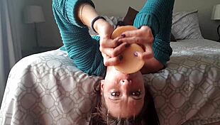 Upside down dildo gag deepthroat, choking and rough fucking her petite body!