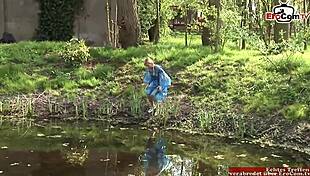 Skinny blonde with natural tits gets wild in outdoor FMM threesome, so hot! 🔥