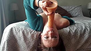 Upside down dildo gag deepthroat, choking and rough fucking her petite body!